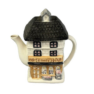 Vintage Ceramic Bakery House Village Novelty Figurine Tea Pot w Lid 7"